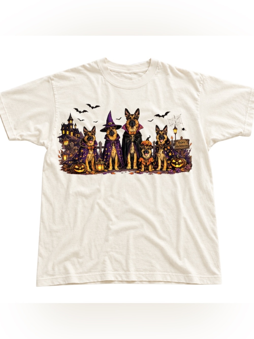 Halloween German Shepherds Graphic Tee - Off White Vintage Style